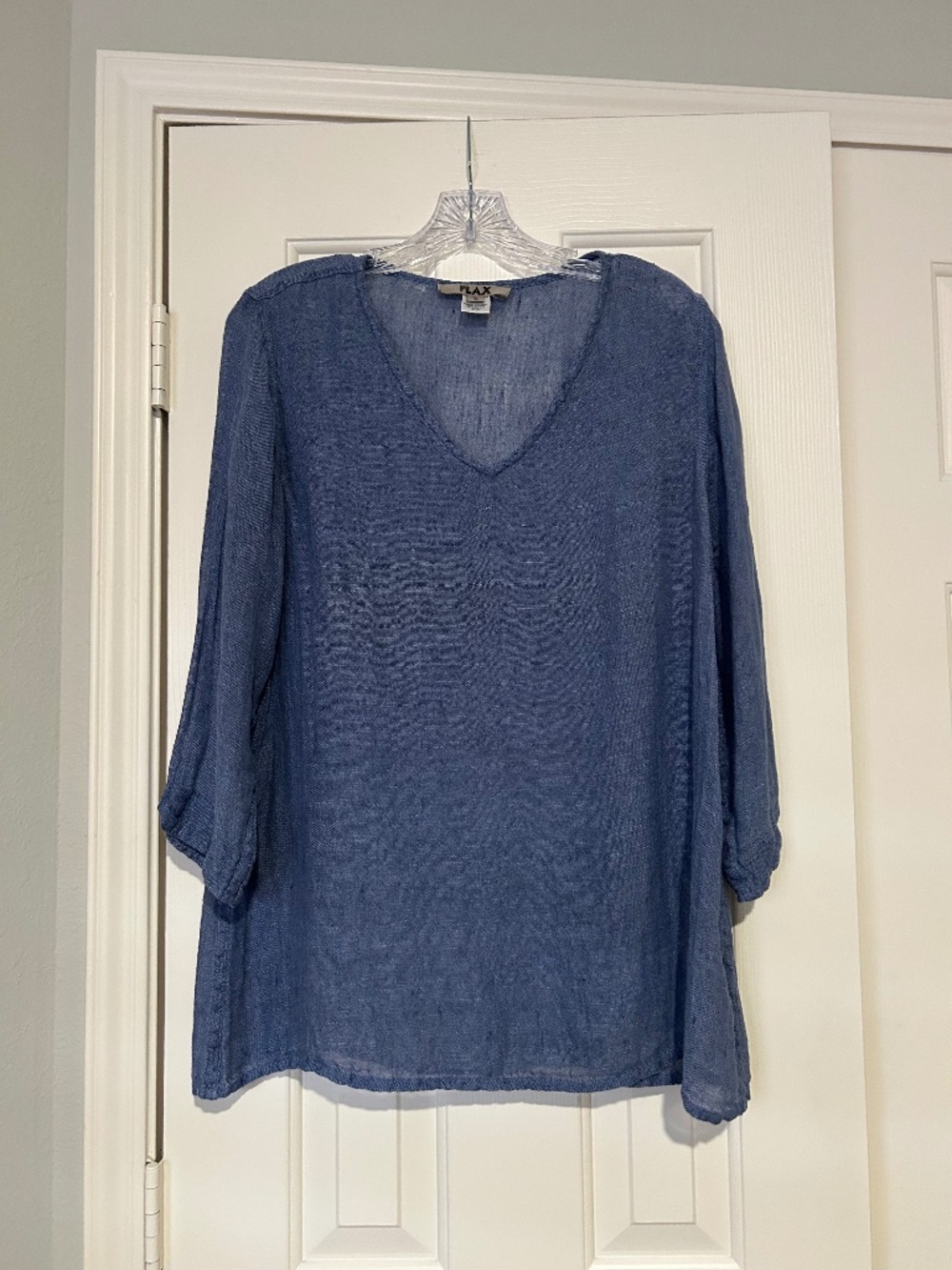Flax Blue Pullover 100% Linen Shirt 3/4 Sleeves V Neck Size S Comfy Relaxed Fit